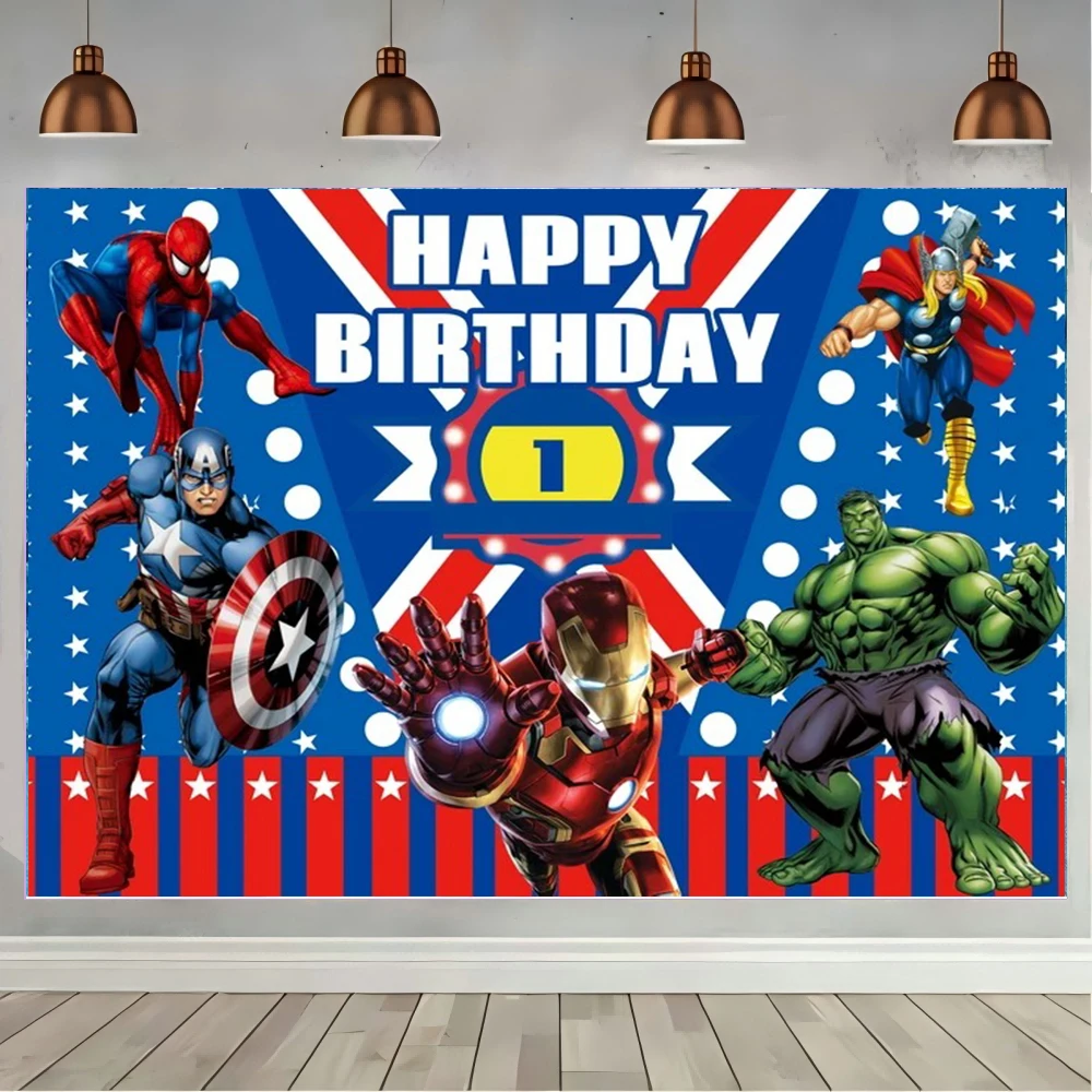 

Happy Superhero Backdrop Avengers Iron Man Spiderman Birthday Party Banner Photography for Kids Birthday Boys Party Decorations