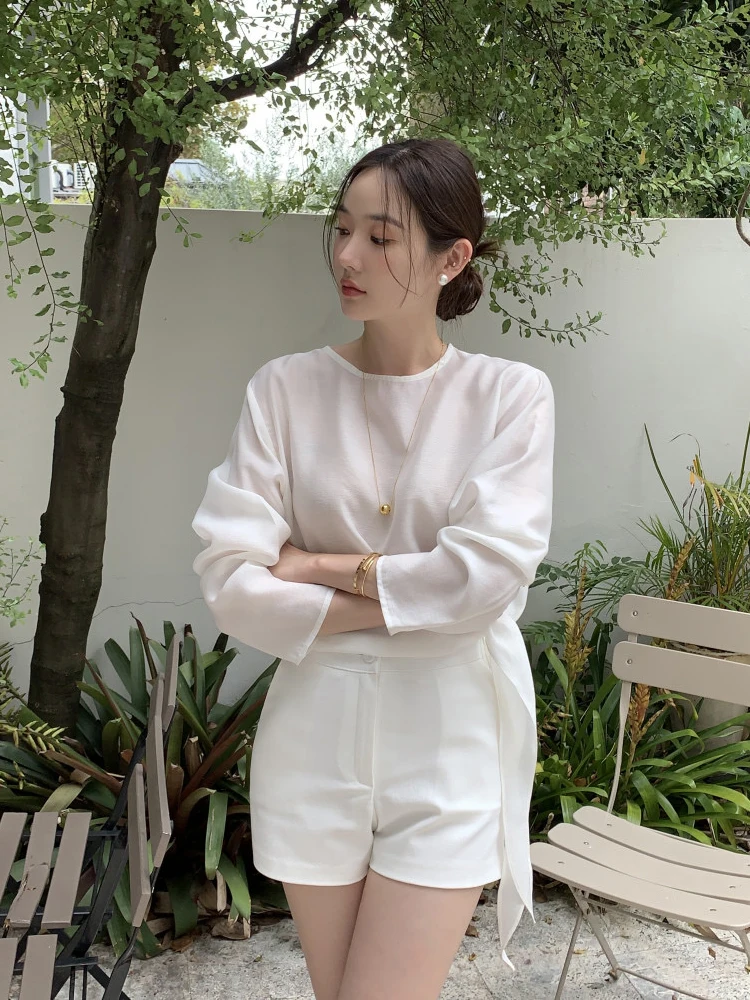 Chic Chiffon bianco irt Donna Allentato Lungo Sve rotondo Ne Design Sense Tie Top Versatile Ele Faionable Lace Trim Bl...