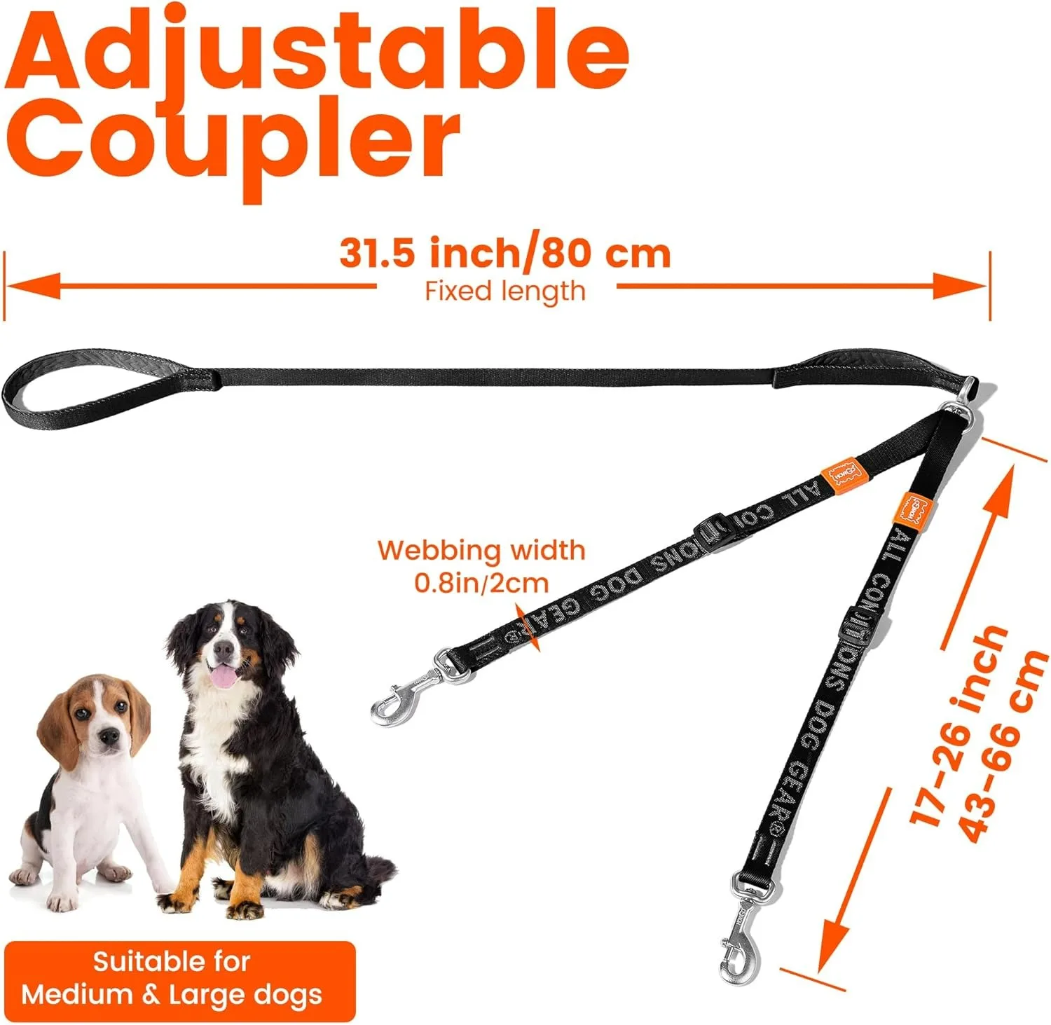 Double Dog Leash No Tangle Dual Dog Leash Lead Coupler Splitter Adjustable Two Handle Training Walking for Medium and Large Dog