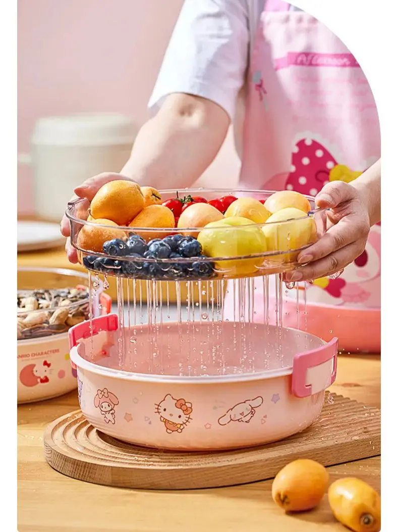 

New Sanrio Hello Kitty Double-layer Draining Basket Plastic Fruits Vegetable Basket Storage Basket Multi-layer Stackable Kitchen