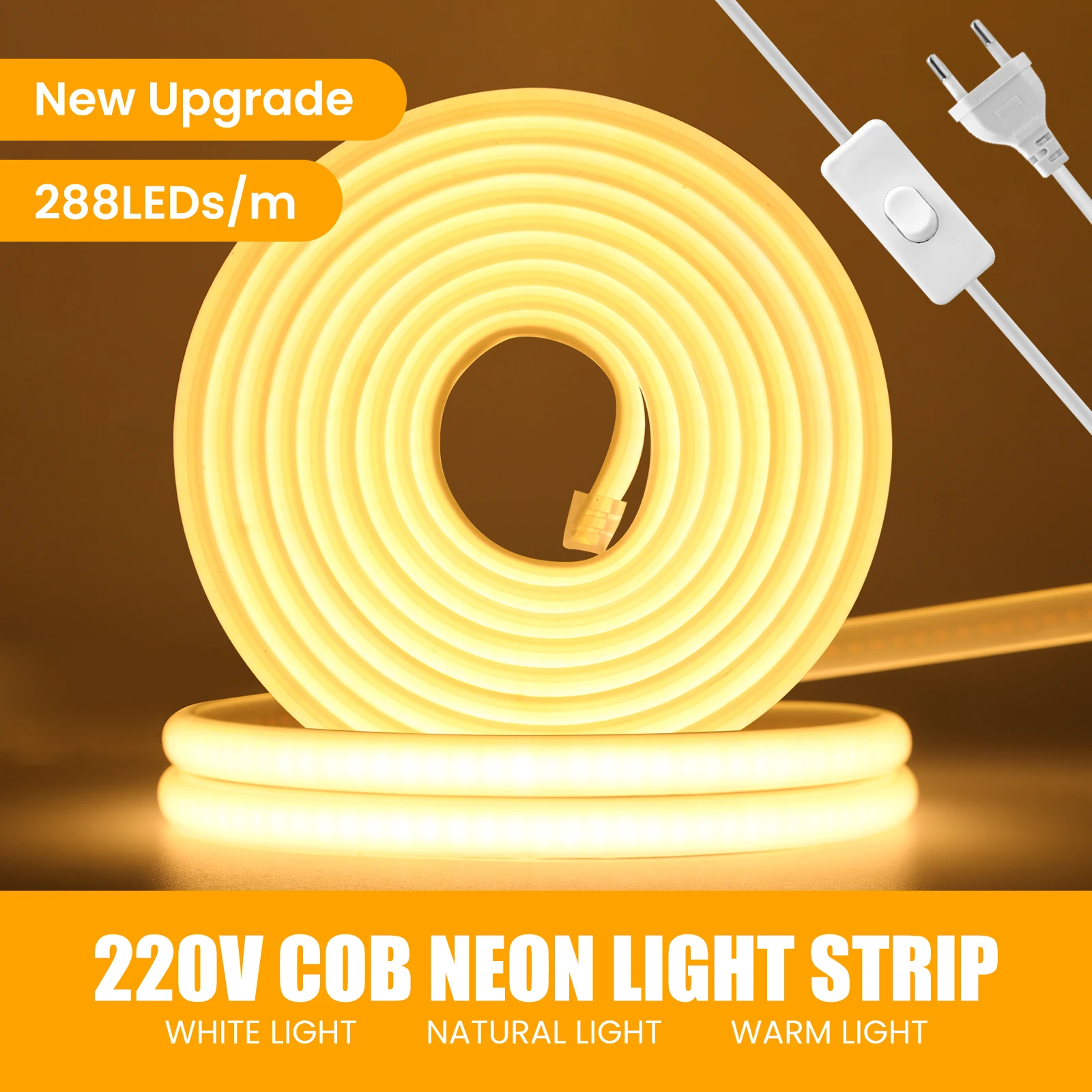 

High Bright COB LED Strip Light 288Leds/m EU/UK Plug 220V Waterproof Outdoor Garden Neon Light Strip For Room Kitchen Lighting