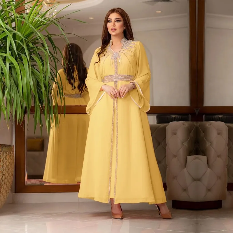 Turkish Abaya For Women Arabian Gown Moroccan Caftan Royal Women Fashion Hot Diamond Chiffon Dress With Belt Elegant V-neck