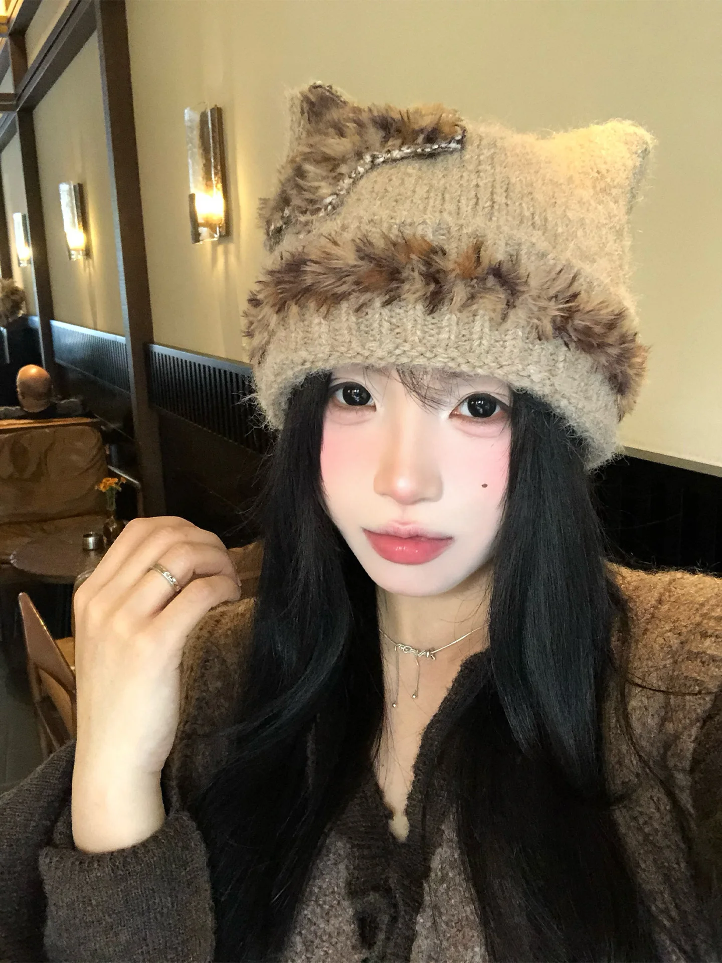 Warm Furry Knitted Hat Women's Autumn Winter Star  Ear Scarf Versatile Small Face Effect Yarn Cap Casual Style Non-Adjustable