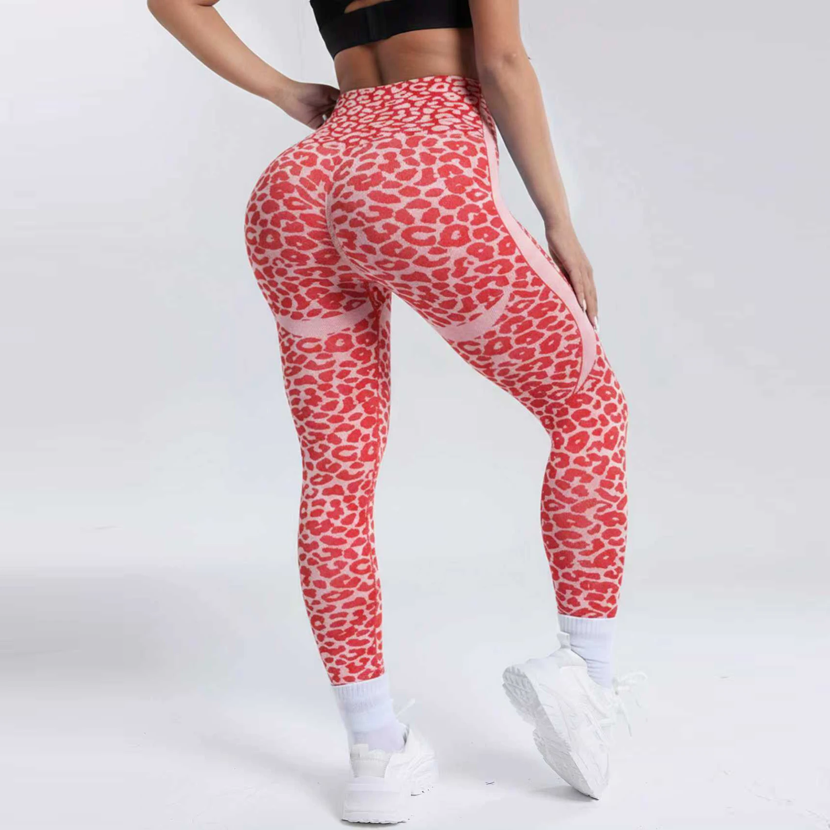 Women Red Leopard Leggings Arch Gym Fitness Athletic Workout Elastic Leggins Yoga Pants Sports High Waist Training Tights