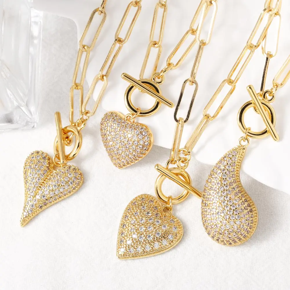 FLOLA Luxury Crystal Bubble Heart Necklaces for Women Gold Plated Paperclip Chain Water Drop Necklaces Statement Jewelry nkey26