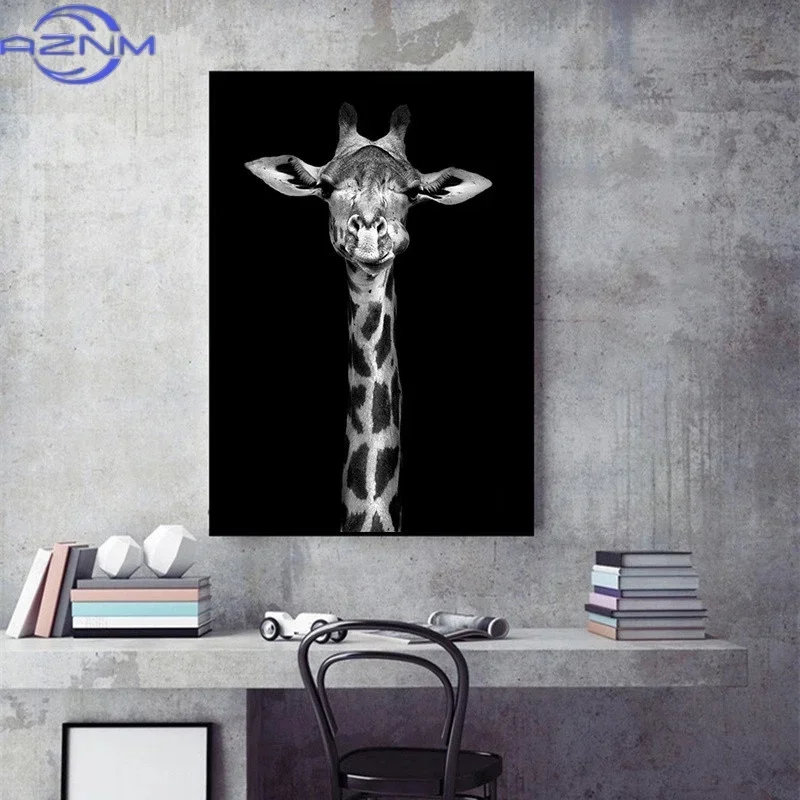 AZNM Animal Canvas Printings White and Black Wall Art Lion Elephant Deer Zebra Posters and Prints Modern Wall Decor Paintings Pi
