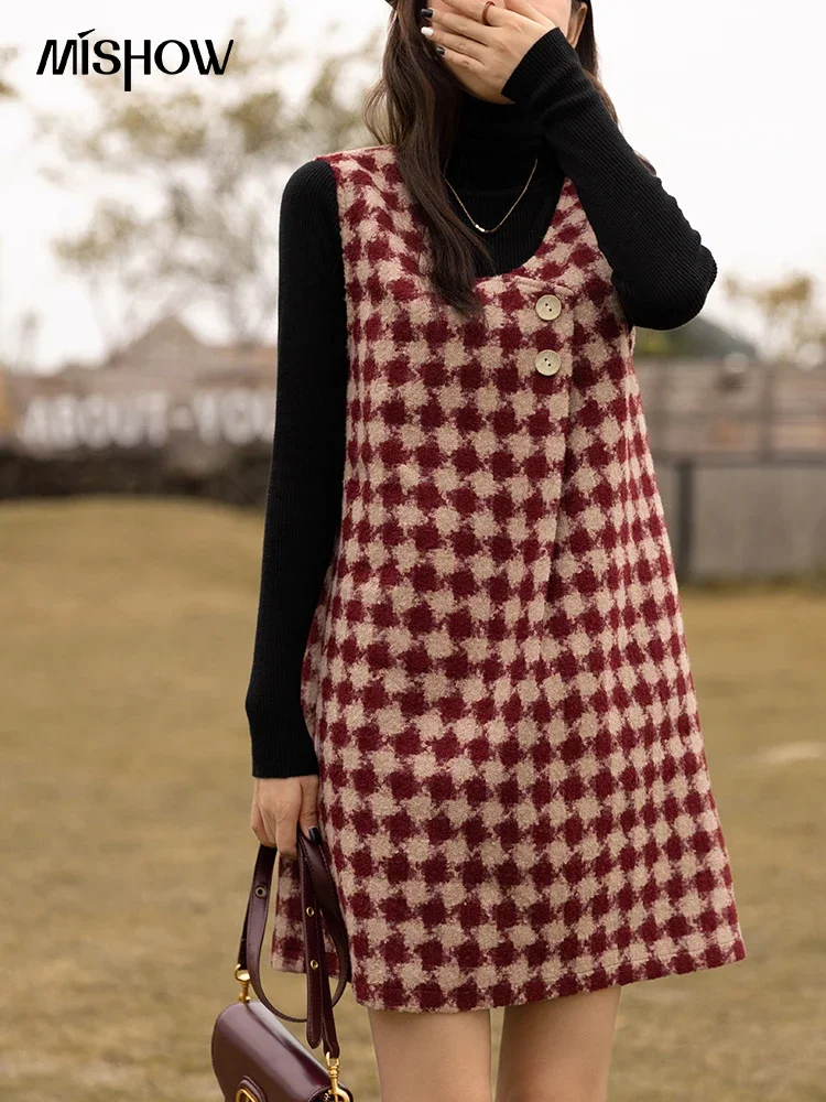 MISHOW Plaid Vest Dress Winter Vintage Womens Dresses Aline Vneck Sleeveless Woolen Vestidos Chic Female Clothes MXB47L1332