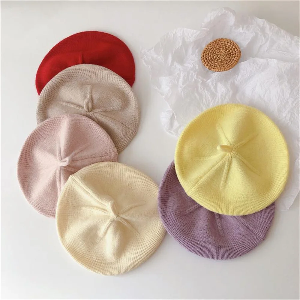 Fashion Baby Knitted Beret Hat Solid Color Children\'s Warm Hats Autumn Winter Painter Cap For Girls Kids Bonnet Accessories