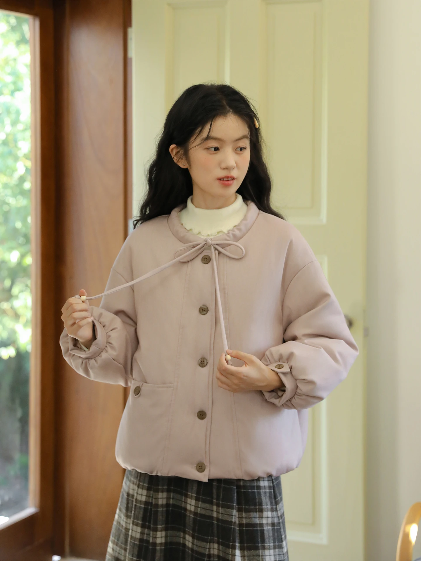 

Nesoulum Women's Pink Purple round Ne Tied New National Stand down Jaet ort Loose Winter Vintage Outerwear Coat