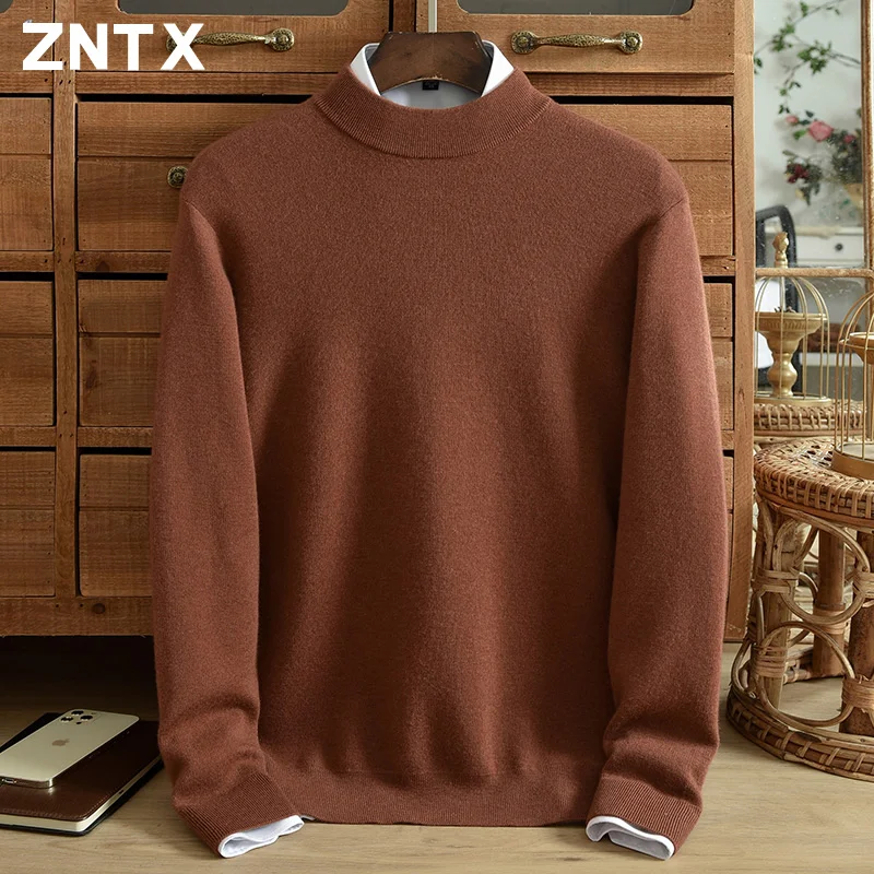 ZNTX semi-turtleneck pure cashmere sweater men's thick worsted cashmere solid color casual sweater winter warm premium