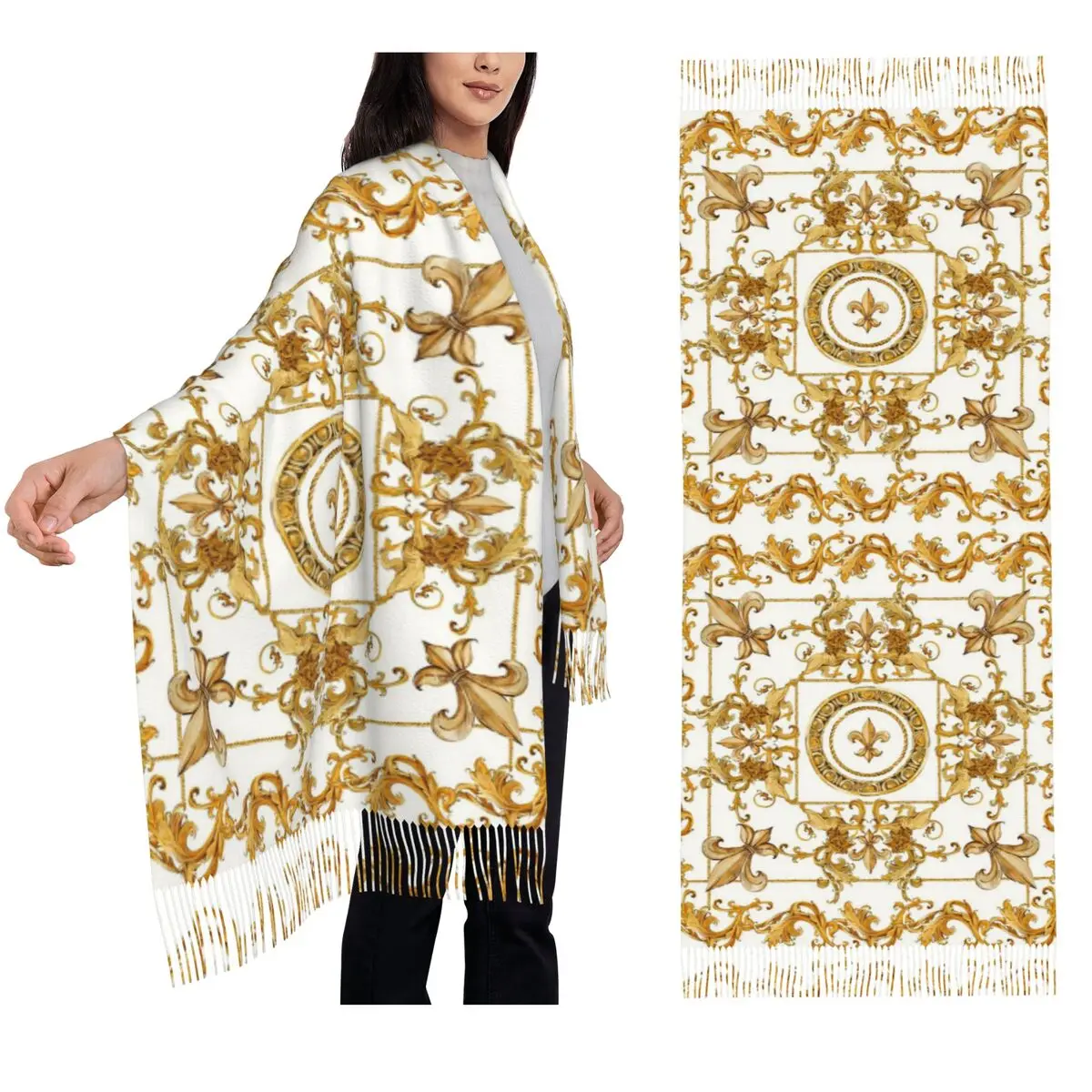 Golden Baroque And Damask Ornament Scarf Tassel Scarves Women Soft Warm Shawls and Wraps Large Fall Winter Shawl Wrap