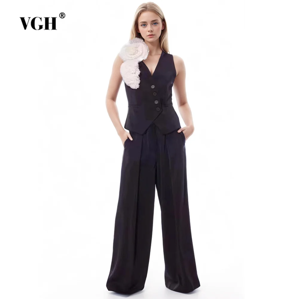 

VGH Solid Two Piece Sets For Women V Neck Sleeveless Spliced Appliques Waistcoat High Waist Straight Pants Casual Set Female New