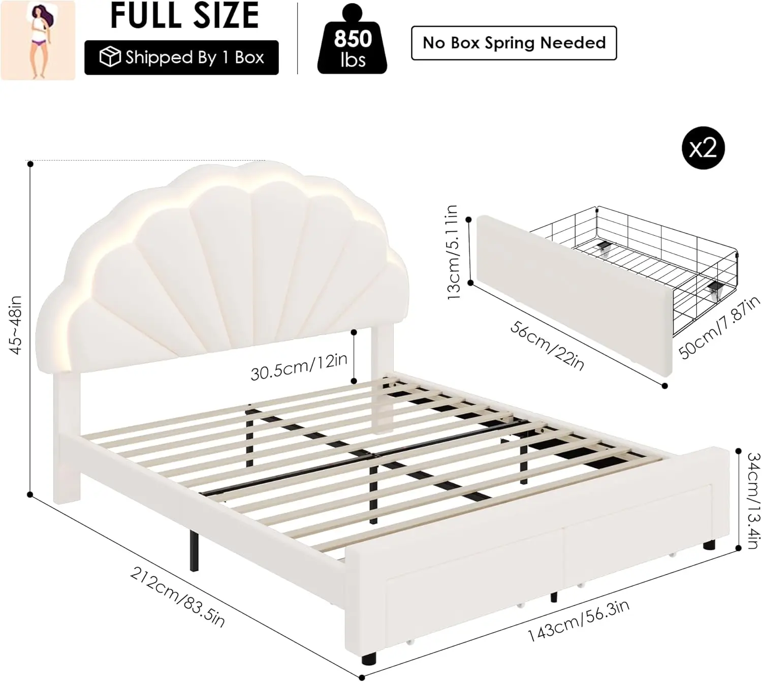 Estrutura de cama LED inteligente estofada em tamanho real com 2 gavetas de armazenamento e cabeceira de pétalas duplas chique ajustável Cama de plataforma princesa