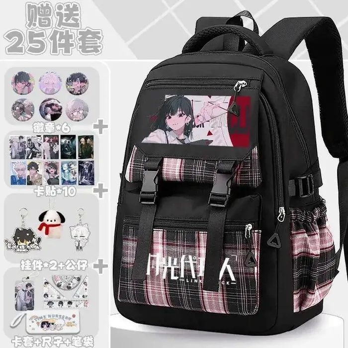 

Breathable Mesh Tartan Plaid Black Blue Pink Purple Link Click Student Teens School Bags Backpacks Girls Cute Anime GAME