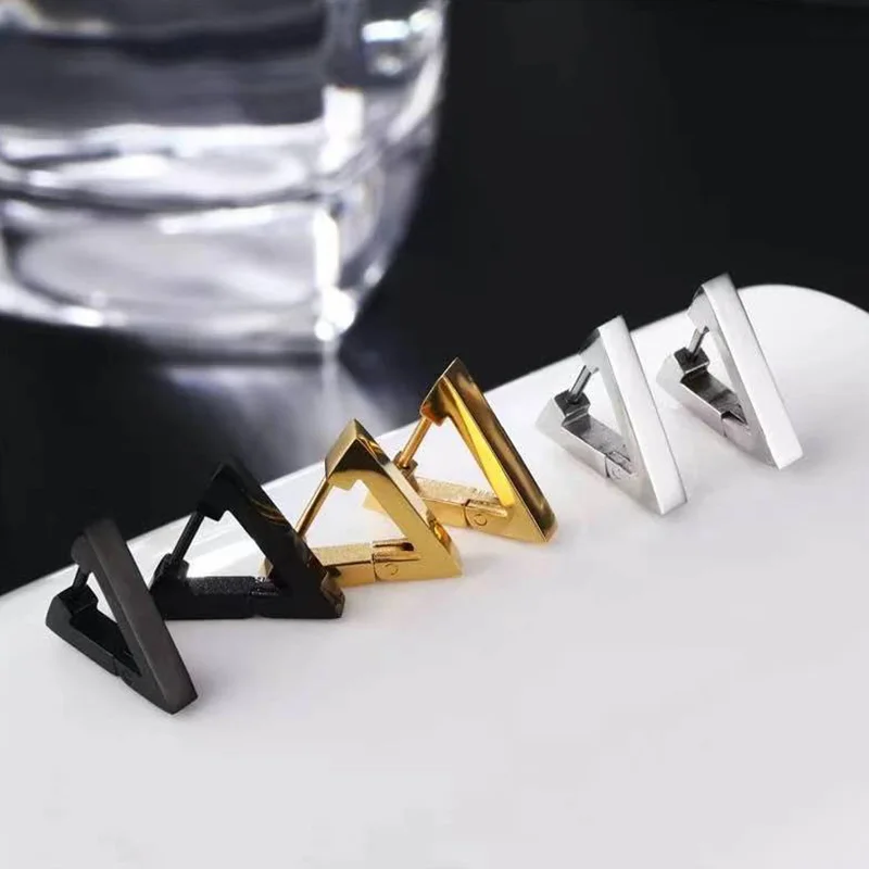 1 Pair Punk Stainless Steel Triangle Earrings Women Men Ear Piercing Geometric Stud Earrings Push-Back Clip Unisex Party Jewelry