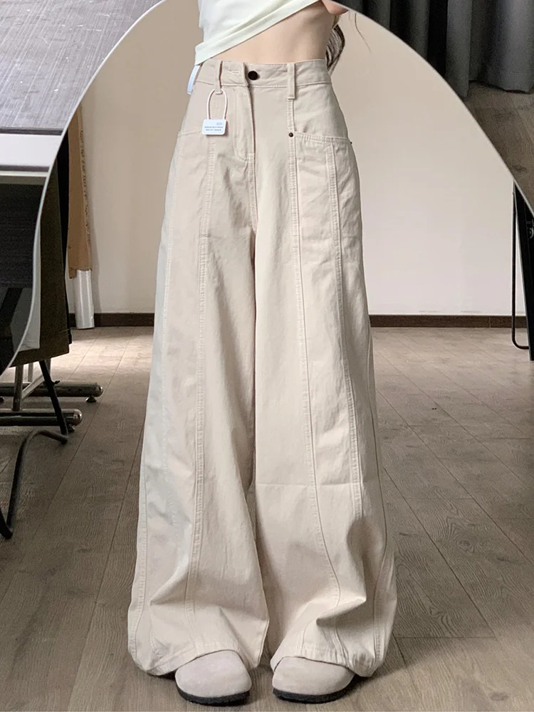 ハイウエストワイドレッグデニムパンツ レディース 春秋 ゆったり ルーズフィット ワークウェア ジーンズ ストレートカット 細見え効果