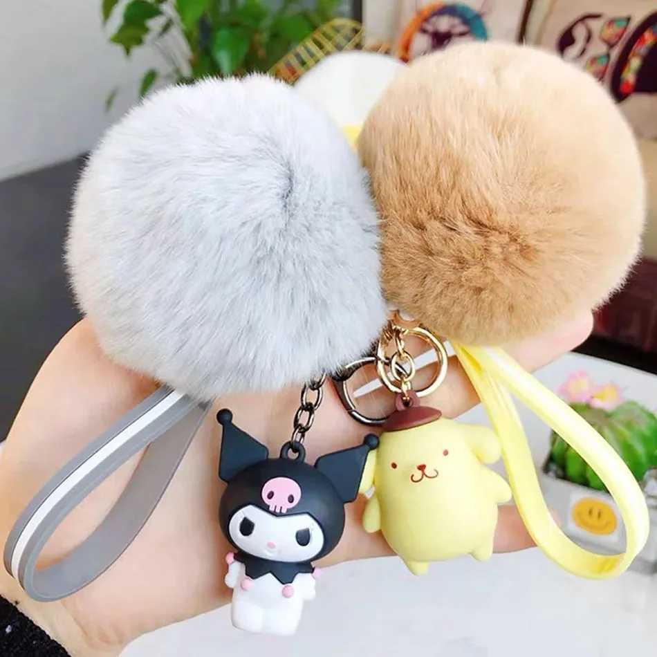

Sanrio Kawaii Hello Kitty Kuromi Melody Cinnamoroll Cute Keychains with Soft Rabbit Fur Ball Girls Bag Pendant Keyring Souvenirs