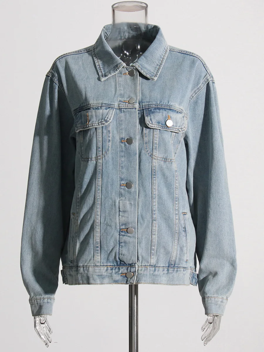 Korean Style Denim Jacket 2025 Autumn Patchwork Flap Pocket Classy Casual Loose Single Breated Outwear