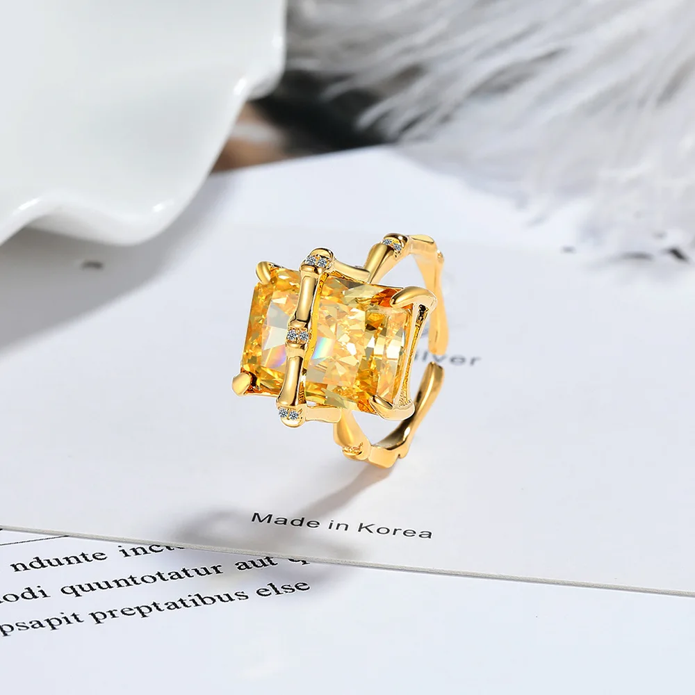 Emerald Cut Natural Yellow Citrine 925 Sterling Silver Bamboo Joint Open Ring for Women Rectangle Gemstone Jewelry Wedding Gift