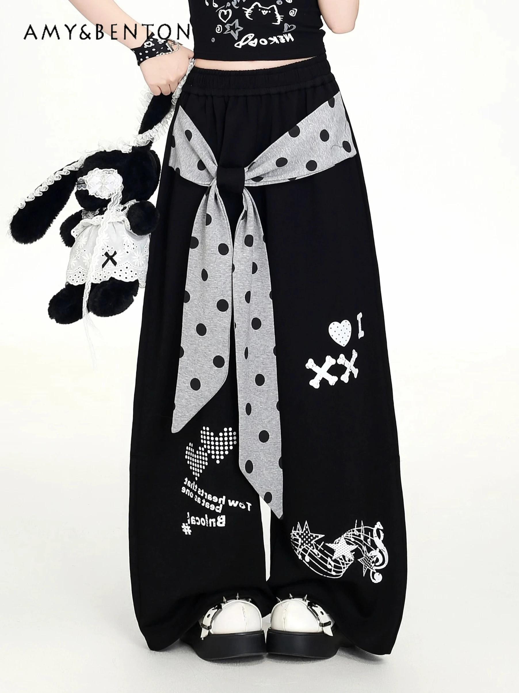 

Cute Polka Dot Bow Fake Two-piece High-waisted Slim Loose Casual Trousers Women's Subculture Punk Style Y2K Wide-leg Trousers