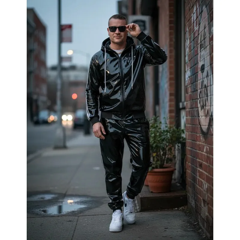2026 Men's and Women's PU Leather Hoodie Suit Leisure Sportswear Hoodie Jogging Suit Sportswear Suit Bright Leather Sportswear view 2