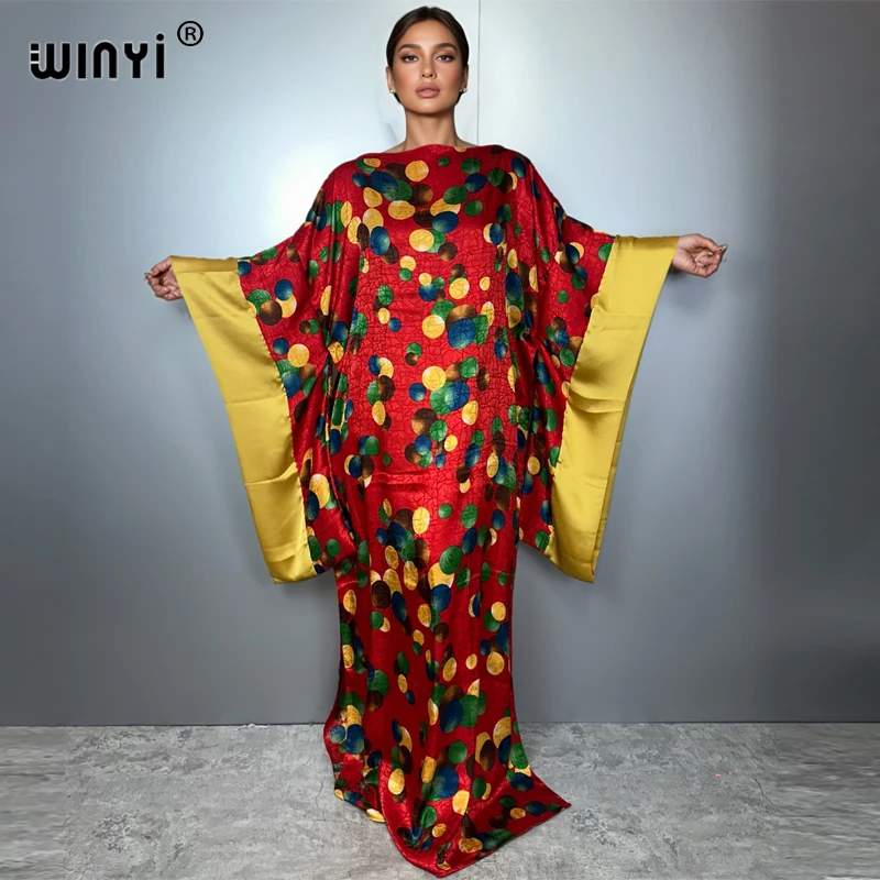 WINYI Summer Kuwait Print Evening Dress Abaya Dubai Luxury Female Loose Holiday Kaftan Muslim Woman Clothing Beach Dress