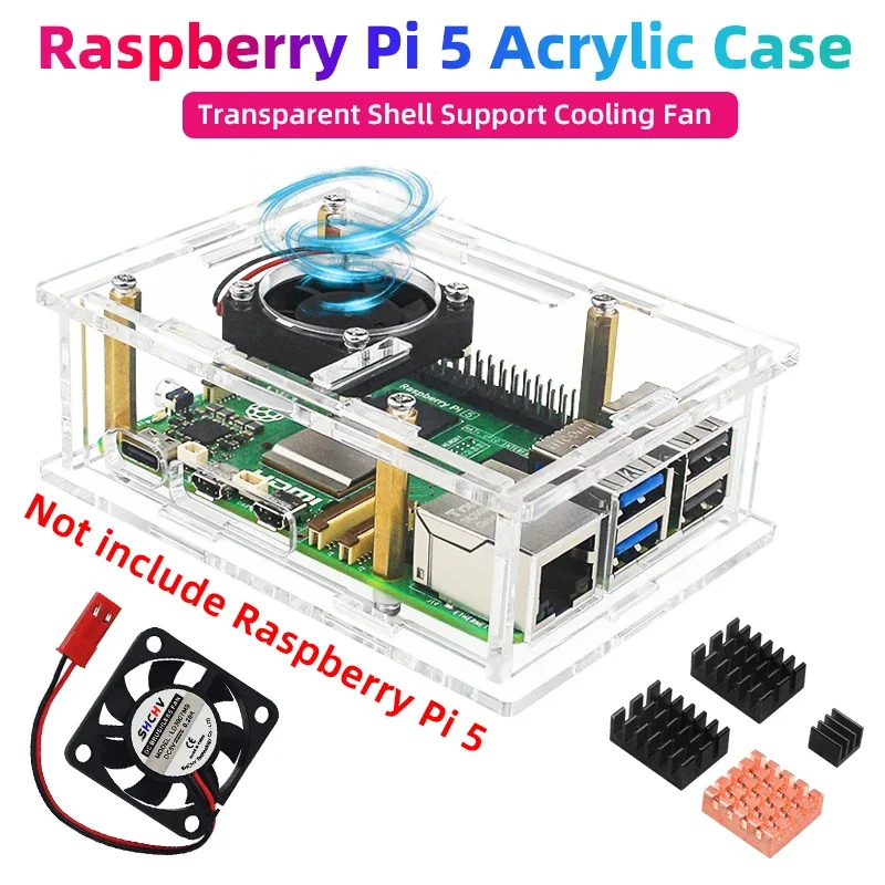 New Raspberry Pi 5 Acrylic Case Transparent Shell Optional Cooling Fan Copper Aluminum Heatsink for Pi 5