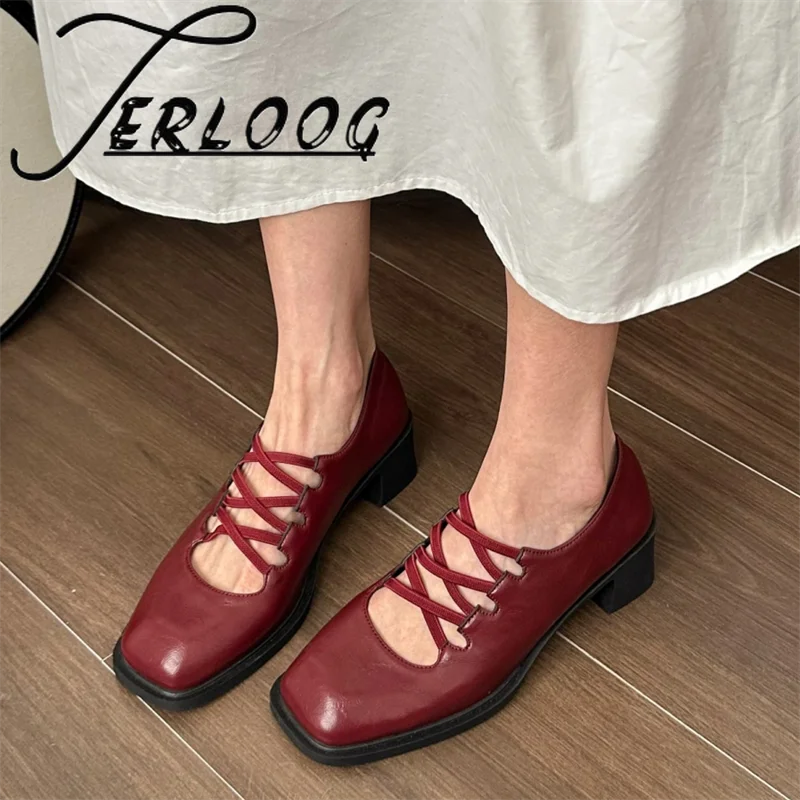 

Mary Jane Chunky Women Shoes Summer Sandals High Heels Square Toe Lace-up Pu Leather Shoes 2025 New Lolita Dress Zapatos Mujer