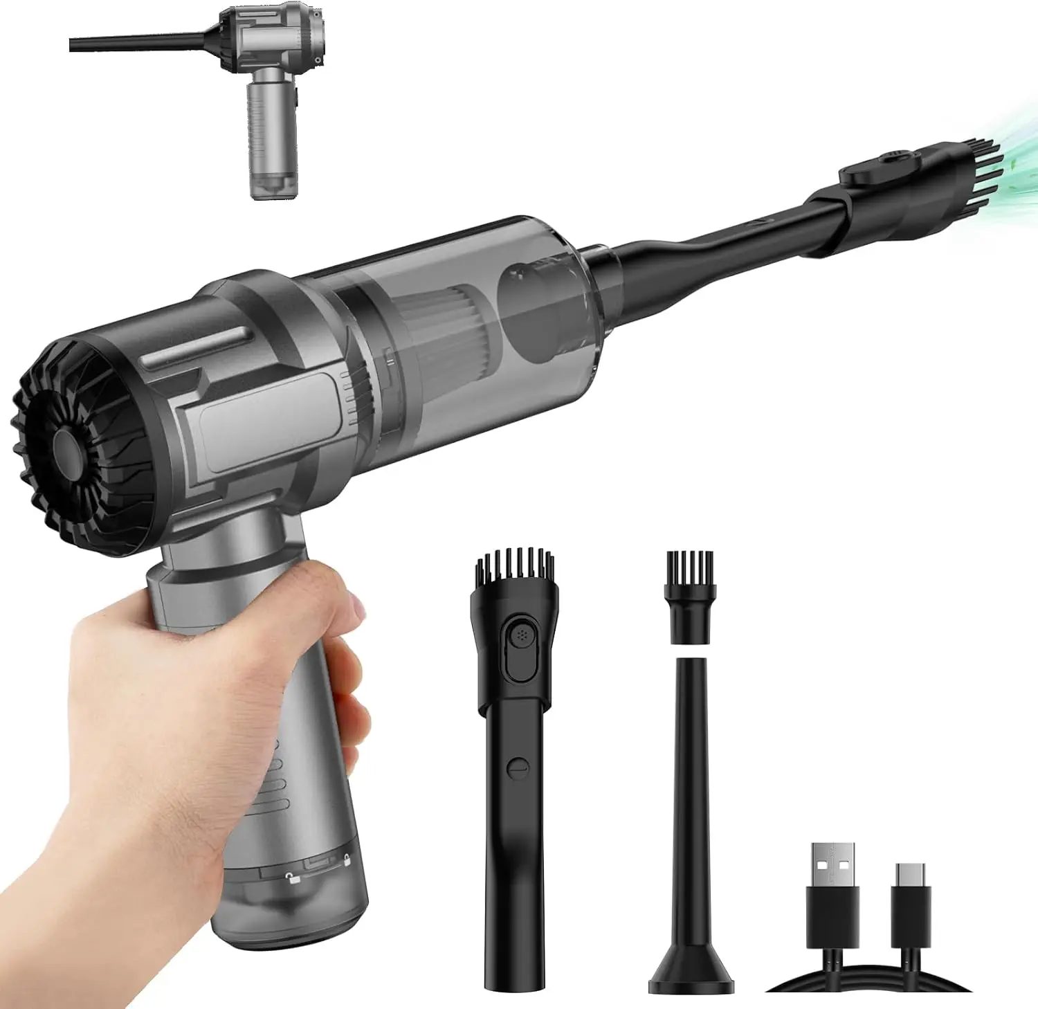 

Ручной мини-автомобильный пылесос 9000 Па, 120 Вт со светодиодной подсветкой и несколькими насадками, V01Pro Серый