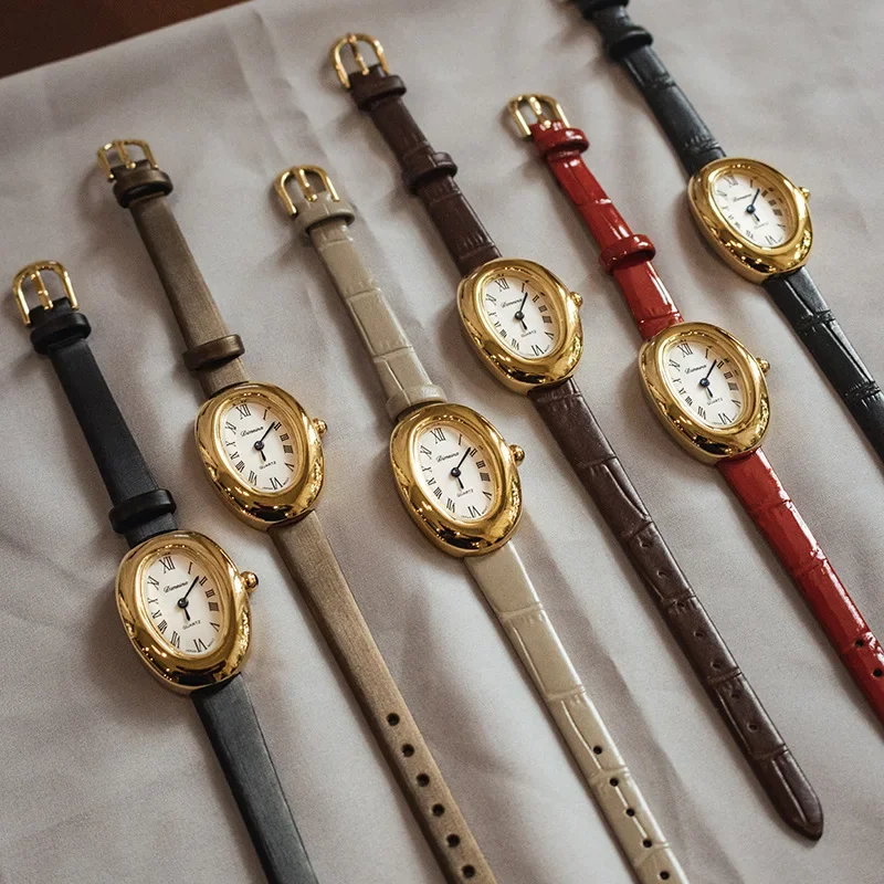 Reloj de cuarzo con forma de huevo de ganso ovalado Vintage para mujer, vestido de cuero auténtico resistente al agua, reloj de regalo de Navidad, relojes para mujer