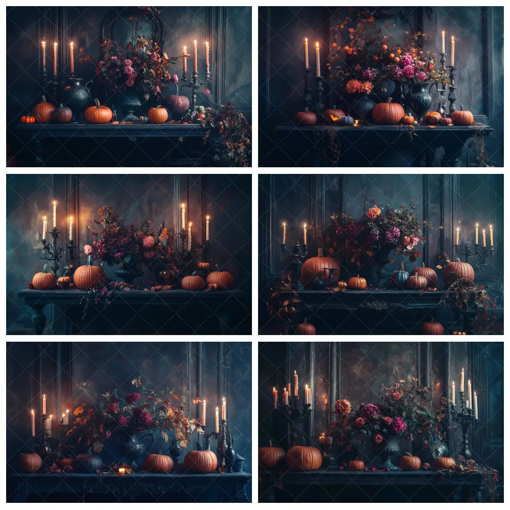 

Halloween Retro Long Table Candlestick Backdrop Candle Pumpkin Floral Indoor Family Portrait Photography Background Photo Studio