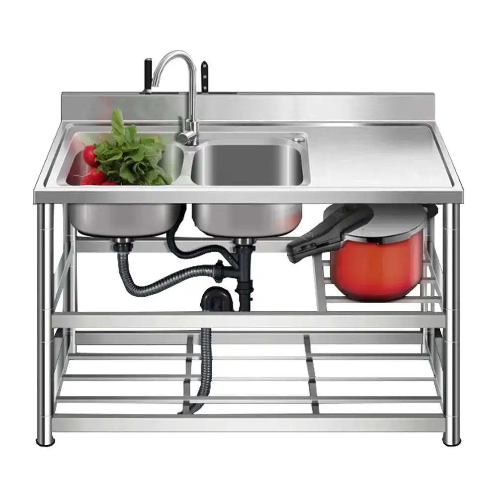 Simple Double Bowl Stainless Steel Kitchen Sink with Stand Pool Shelf Design for Home Kitchen Use Faucet Not Included