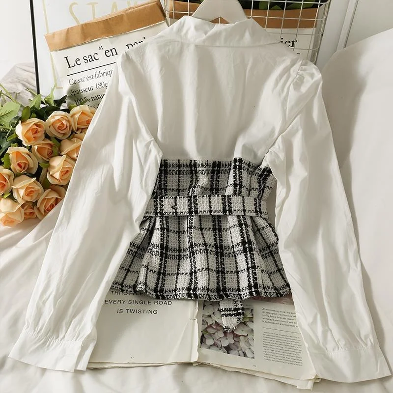 

Retro Contrasting Color Splicing Thick Fake Two-piece Shirt for Women with Autumn High Waist Straps Slim Lapel Long Sleeve Top