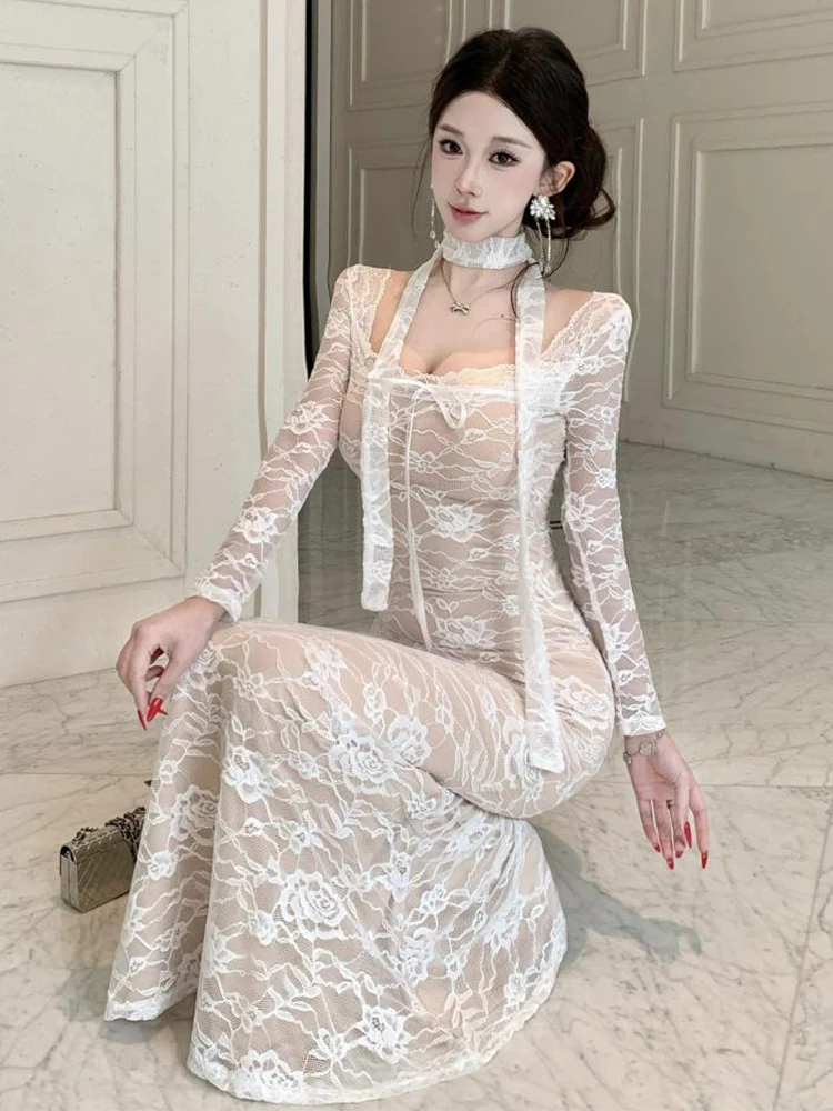 Chic Women Floral Lace Sexy Sheer Long Sleeve Maxi Dress Birthday Party Prom Gown Clothes Sweet Mujer Vestido Slim Robe Vacation