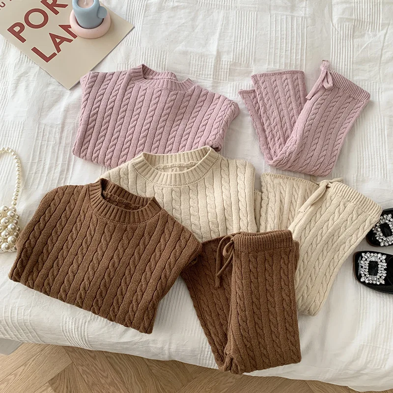 MiniAinis Autumn Winter New Baby Knitted Fried Dough Twists Pattern Clothing Set Girls Knit Cotton Sweater + Pants Clothes Suit