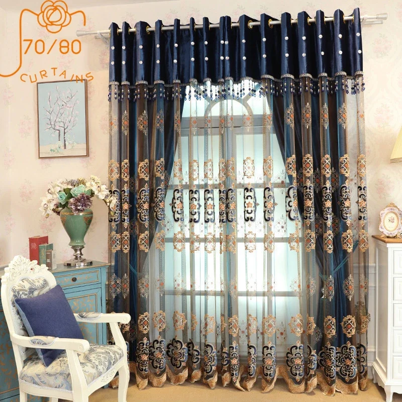 

European Style Laser Velvet Embroidered Window Screen Velvet Curtains for Living Room Bedroom Floor Screen Curtain Finished