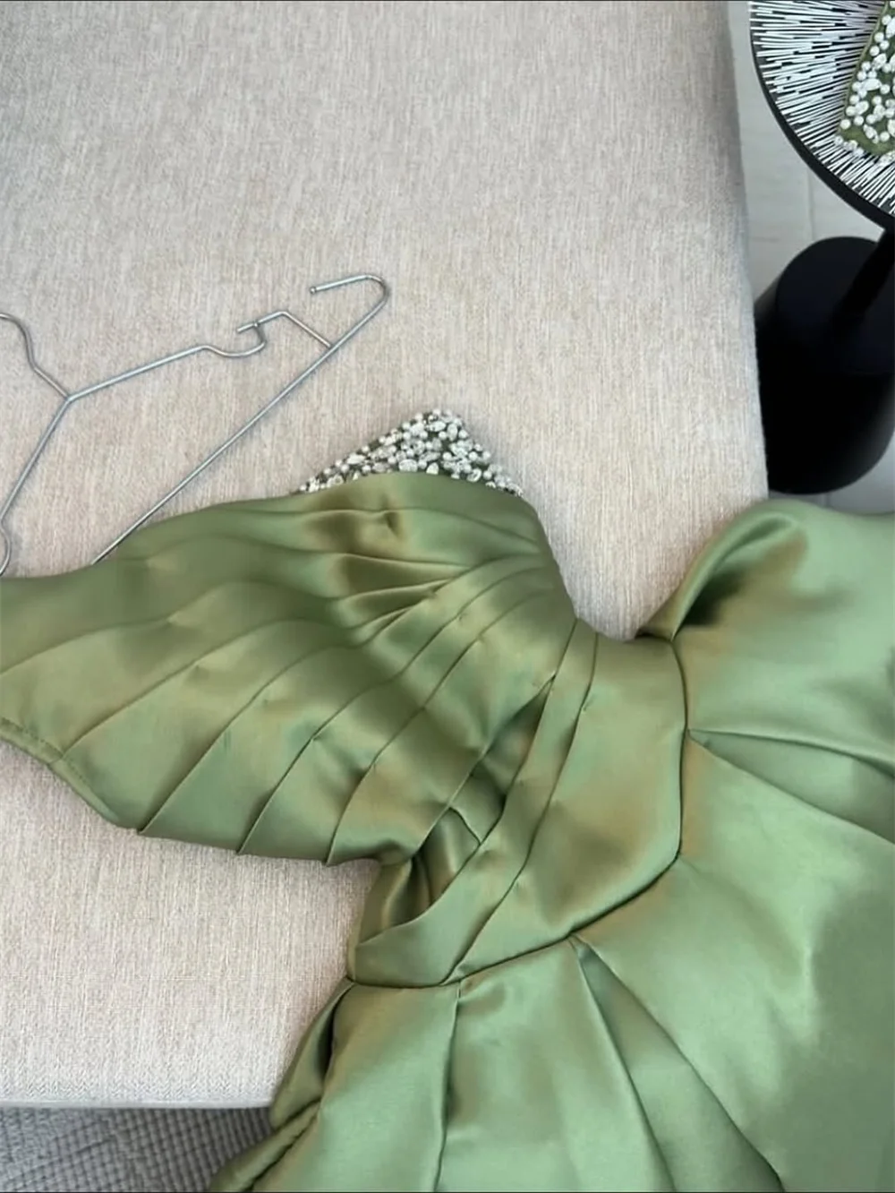 Amanda Customized Green One Shoulder A-Line Prom Dresses Rhinestones Lace-Up vestidos de noche Detachable Sleeves Formal Evening