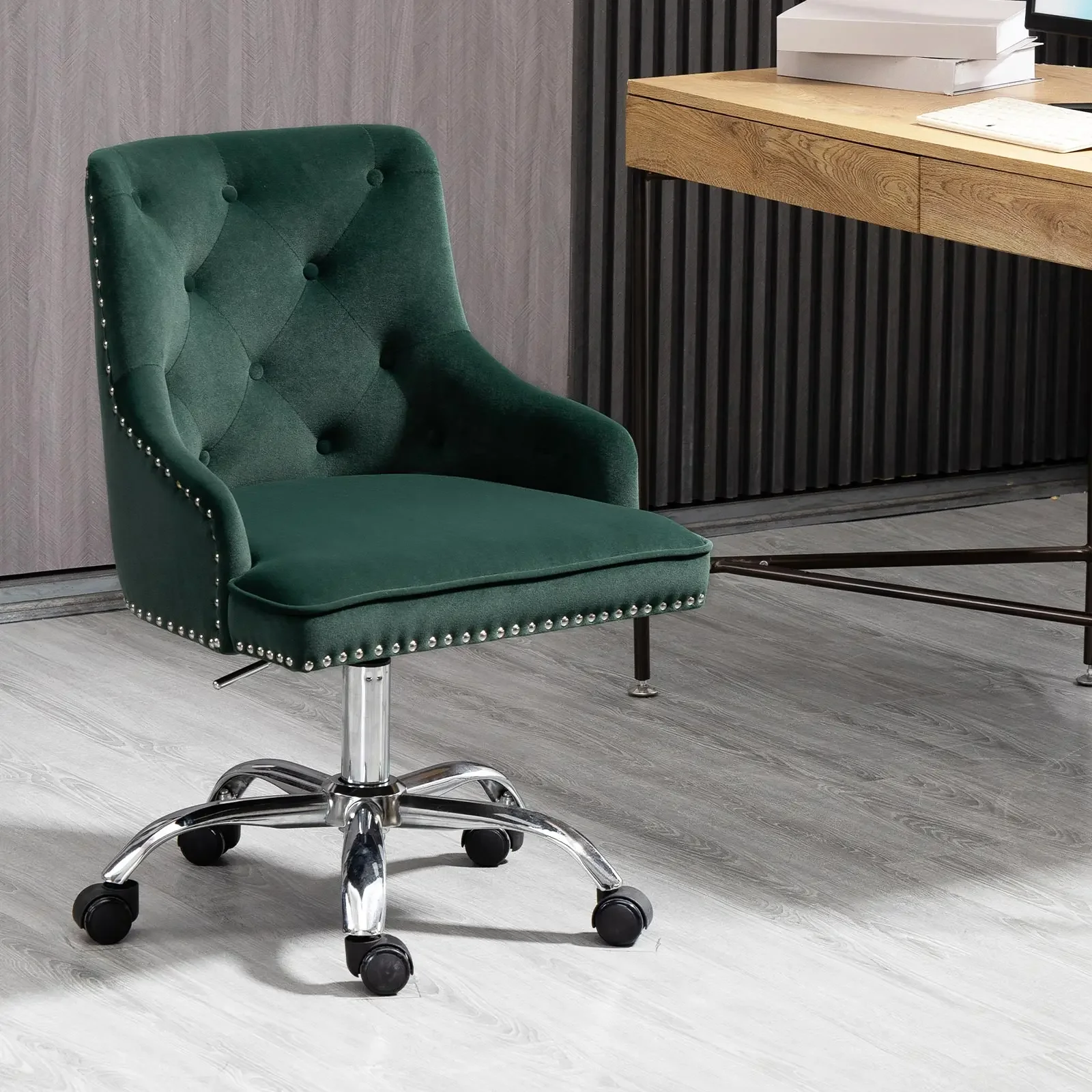 Modern Mid-Back Tufted Office Adjustable Height Computer Chair Velvet Soft Vanity Chair with Rivet and Arm Support Furniture