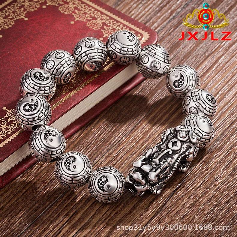 Premium Retro Mens Bracelet Six Word Mantra Thai Silver Pure Silver Pixiu Bagua Fortune Bead Festival Gift
