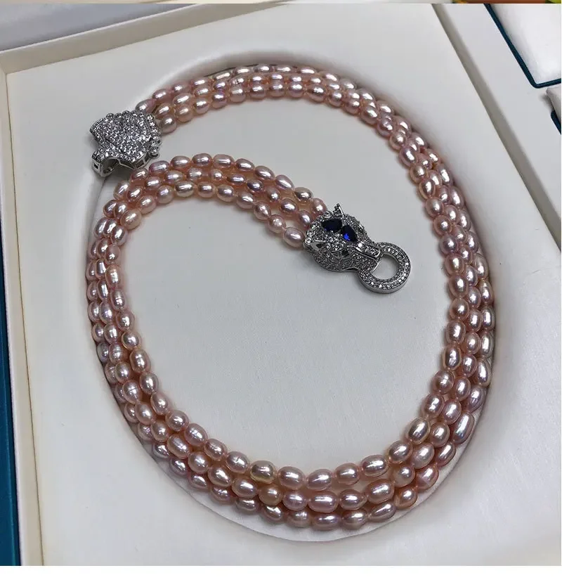 3 Rows Natural  Purple pearl Sweater Necklace CZ Connector For Women Lady Jewelry