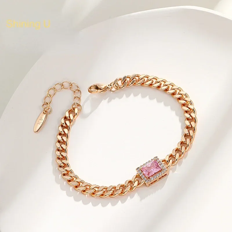 

Shining U Colored Gems Vintage Square Pink Bracelet Plated in 18K Gold Color Light Luxury Fashion Jewelry Gift