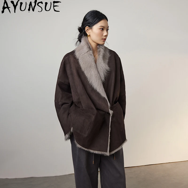 سترة نسائية من الجلد الحقيقي من AYUNSUE معطف فرو من جلد الغنم الطبيعي ملابس شتوية دافئة معاطف نسائية متوسطة الطول لعام 2025 معاطف شوكابا Жénska #1