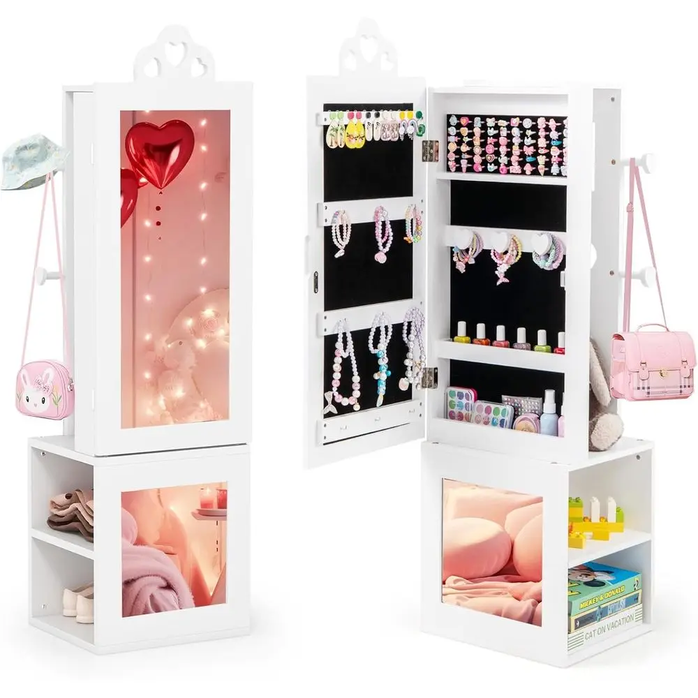 

White Kids' Vanity Cabinet with Mirror, Coat Rack, Storage Shelves, and Organizer