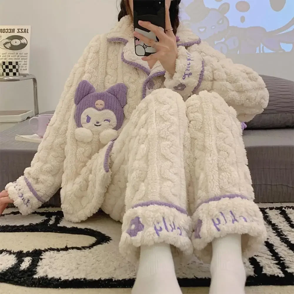 My Melody Winter Kawaii Women Pajamas Set Kuromi Sanrios Anime Cartoon Flannel Thicken Warm Nightwear Homewear Girls Tops Pants