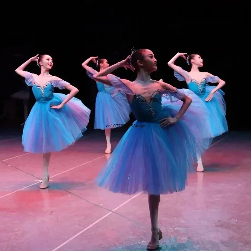 Vestido de Ballet largo y romántico para niña, tutú azul, ropa de actuación, disfraz de Hada, Lago de los cisnes