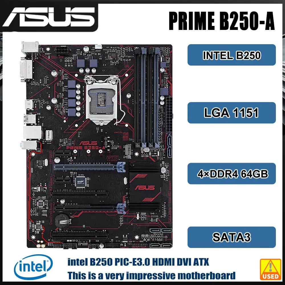 ASUS PRIME B250-A Motherboard LGA 1151 Intel B250 DR4 64GB support Core i3-6300 6100 6500 7400  6700 7700 cpu G4600 ATX  M.2