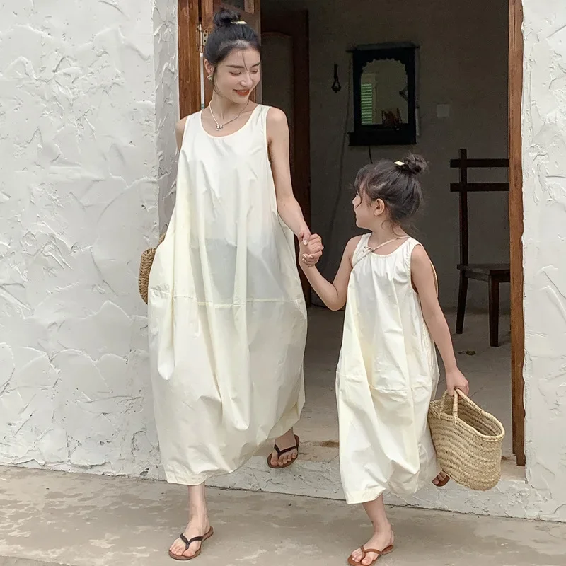 فتاة النساء الأسرة مطابقة وتتسابق بلون أكمام فستان طويل 2025 الصيف 1-10 سنوات 80-140 سنتيمتر ابنة S M L XL أمي الاطفال #2