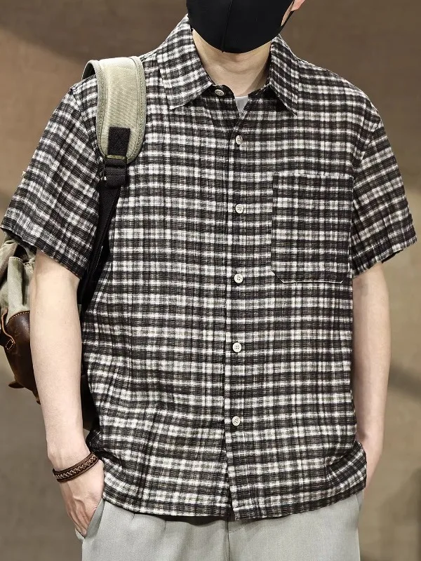 

Retro Plaid Shirt Thin Men's 2026 New Lightweight Loose Summer Commute Turn-down Collar Short Sleeve Shirt Casual Style Breat...