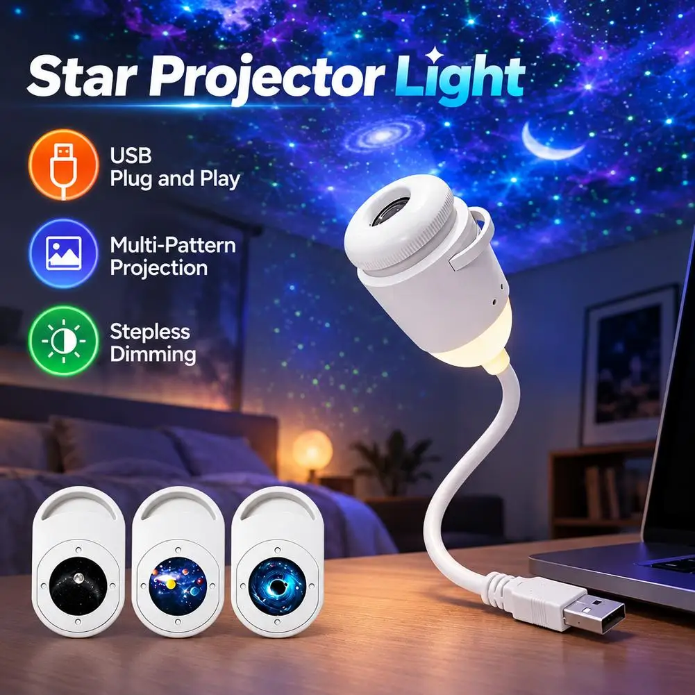 USB Star Projector Light Flexible Gooseneck Galaxy Night Light 3/12/24 Patterns Starry Sky Projection Lamp for Bedroom Kids Room