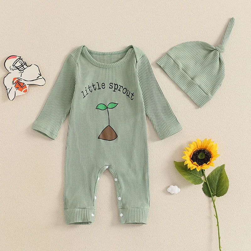 Baby Jongens Herfst Jumpsuit Lange Mouw Ronde Hals Letter Plant Print Romper Met Hoed